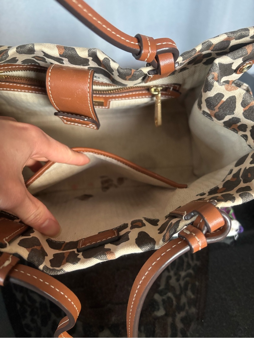 Authentic Tory Burch Ella Leopard Print Leather-Trim canvas Tote - Brown/Cream - Picture 6 of 16